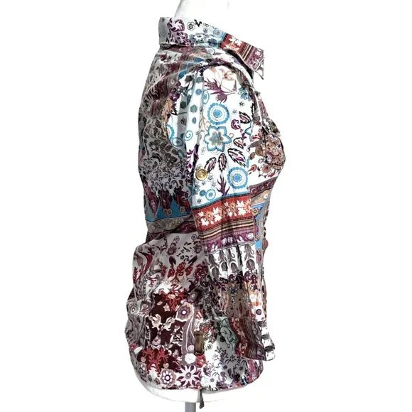 Crown of Hearts Shirt Womens Size S Top Boho Patchwork  Button Down Collared Adj - Picture 14 of 16